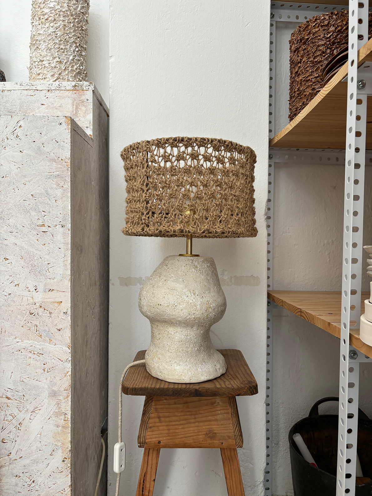Irregular Matadero Table Lamp with weaved Lampshade with needles Rustic Knot Stitch